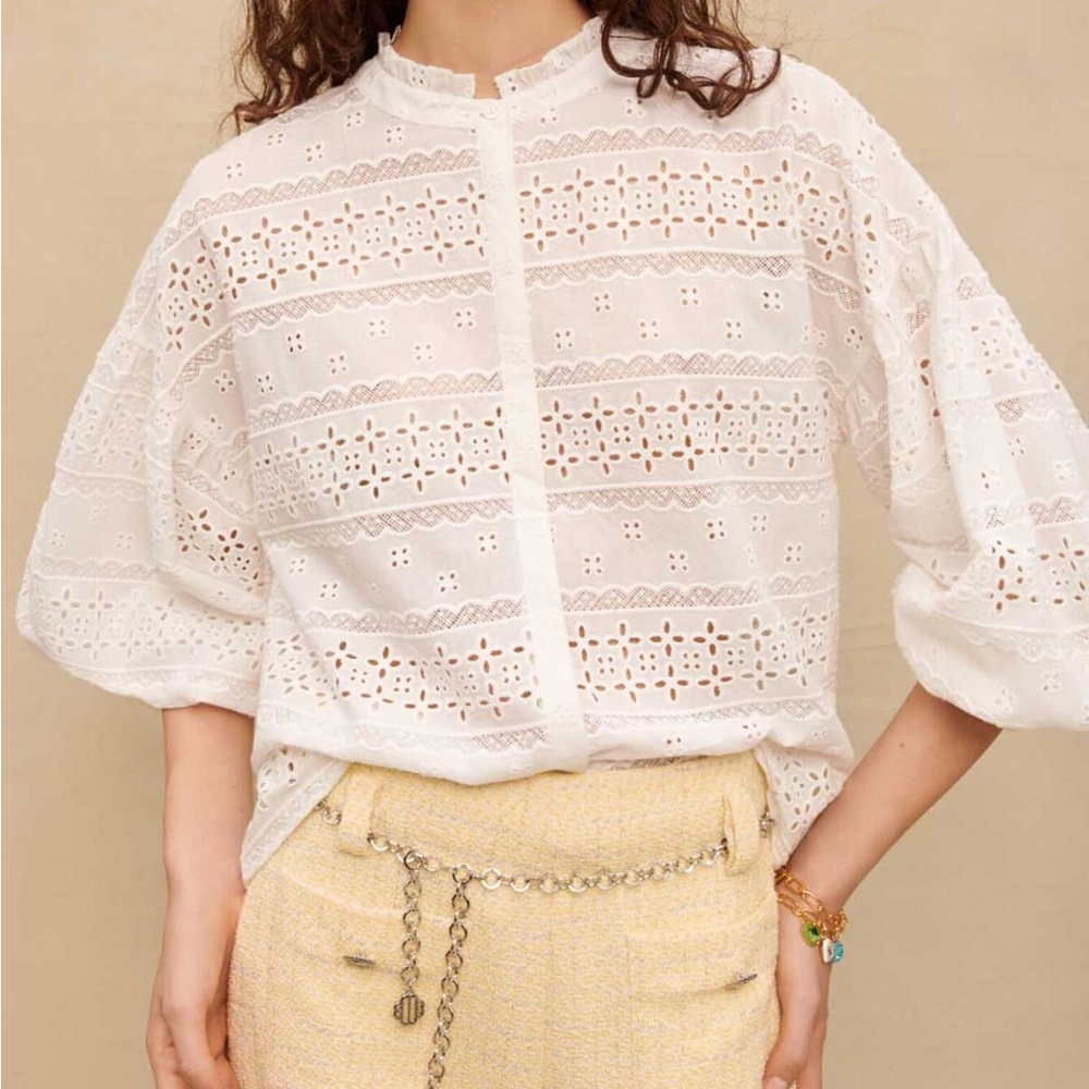 Maje White Eyelet Lace Blouse, Size FR 3/US L